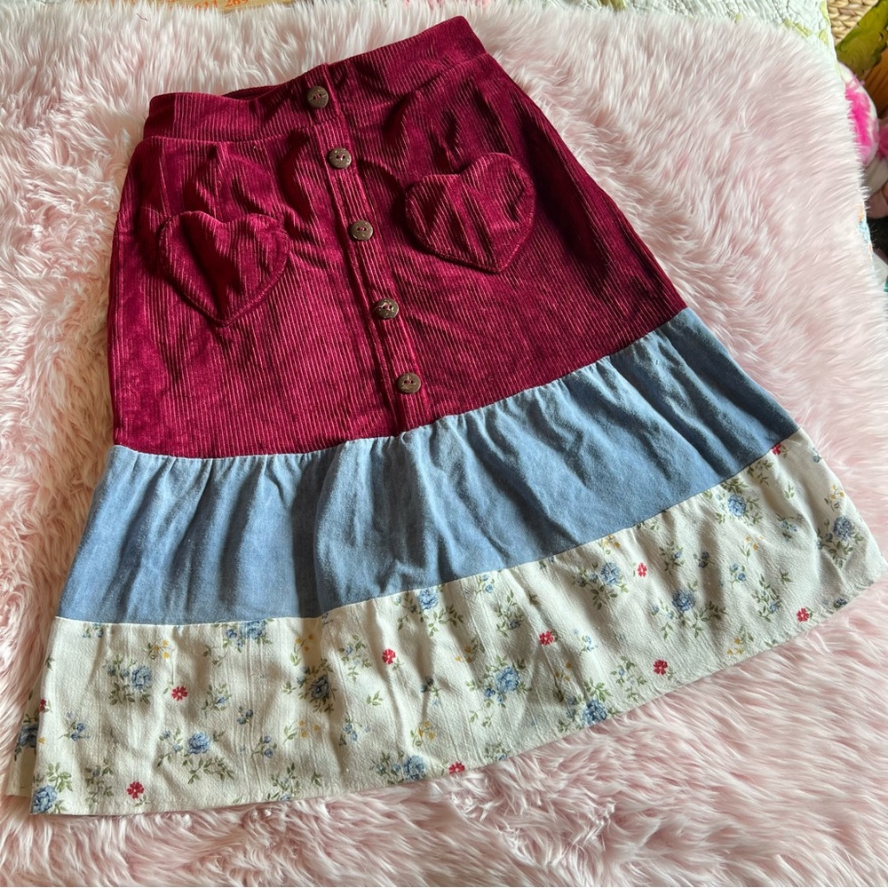 Shosho Maroon Corduroy Heart Pocket Floral Tiered Maxi Skirt Girls 6/6X Boho